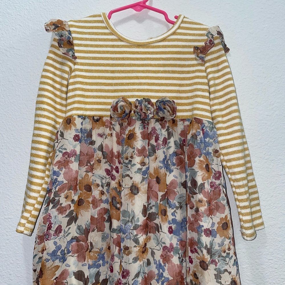 Bonnie Jean Yellow and White Tiered Puff Sleeve Dress